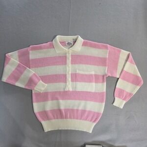 Vintage Helium Coquette Striped Polo Sweater Medium Preppy Retro Pink White